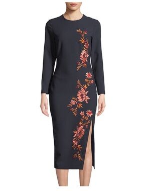 cinq a sept Navy Dress with Coral Floral Embroidery